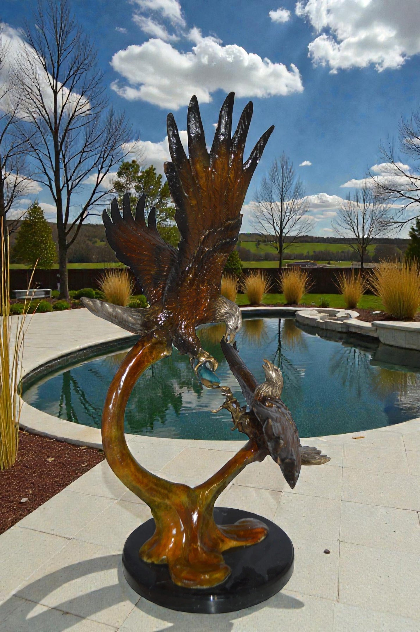 Two Eagles Fighting on Fish Bronze Statue -  Size: 33"L x 28"W x 42"H.