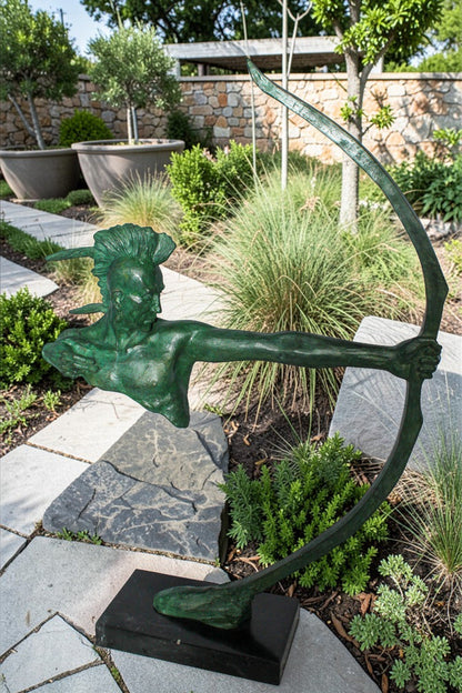 Nifao Native American Warrior with Long Bow Bronze Statue – Handcrafted Lost Wax Casting with Rich Patina – Powerful Tribal Art Sculpture Mounted on Base – Museum-Quality Detail 22" x 6" x 33"H