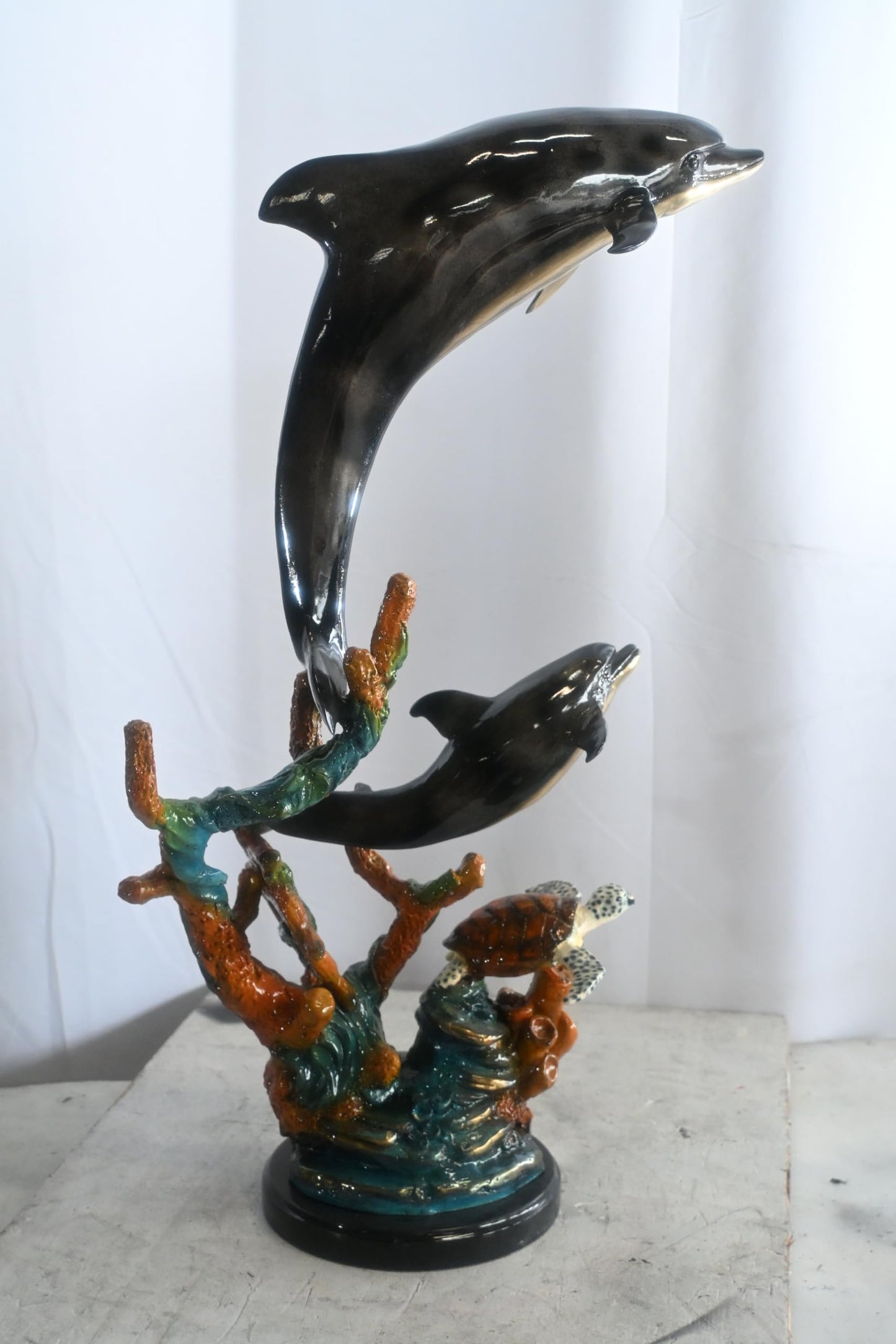 Two Dolphins with Sea Turtle on Coral Bronze Sculpture 18"x10"x29"H