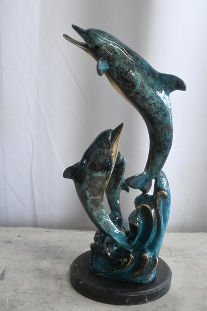 Three Leaping Dolphins on Waves Bronze Sculpture 10"x9"x19"H