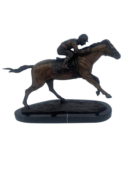 Jockey on horse two tones Bronze Statue -  Size: 11"L x 4"W x 8"H.