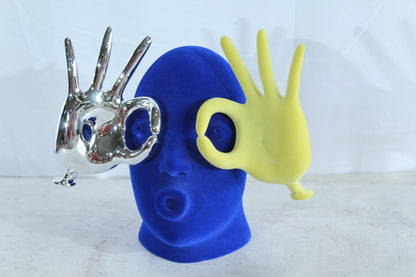 NIFAO Resin Blue Velvet Head Statue with Yellow and Silver Hand Design 12" x 8" x 12"H