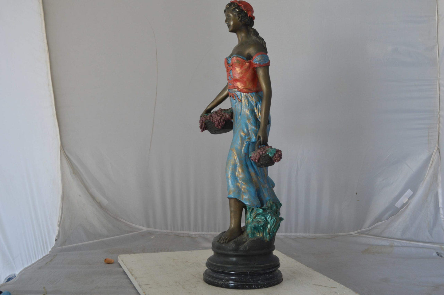 Beautiful lady with grapes bronze statue  - Size: 14"L x 6"W x 20"H.