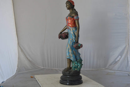 Beautiful lady with grapes bronze statue  - Size: 14"L x 6"W x 20"H.