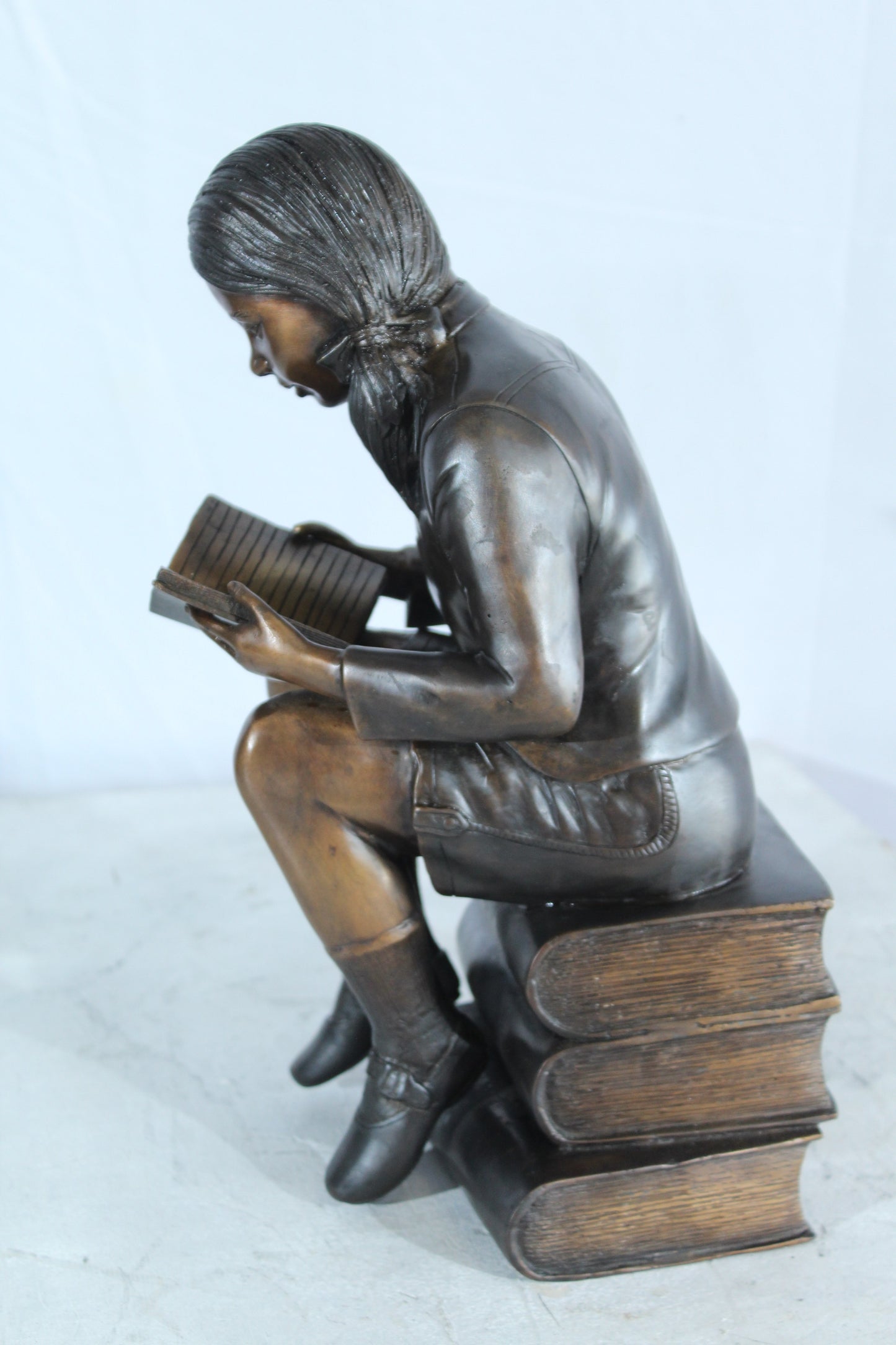 NIFAO Bronze Girl Reading Statue on Book Stack Library Sculpture Art 8" x 6" x 15"H
