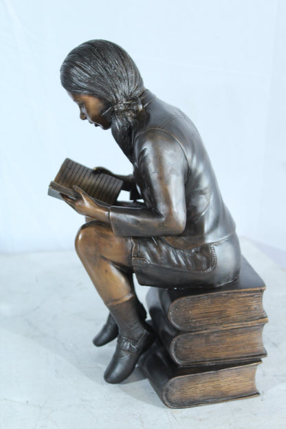 NIFAO Bronze Girl Reading Statue on Book Stack Library Sculpture Art 8" x 6" x 15"H