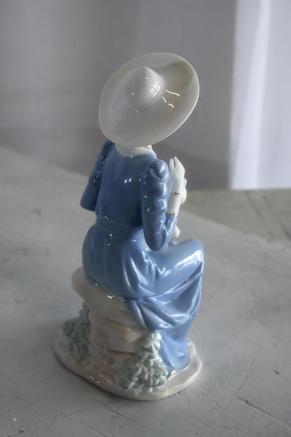 Porcelain Elegant Lady Blue Gown White Hat and White Cat 5"x4"x10"H