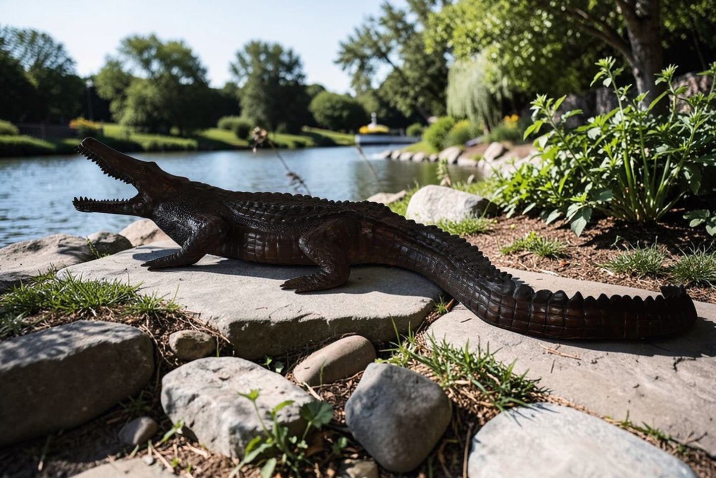 Large Crocodile Looking for His Prey Bronze Fountain Size: 78" x 24" x 14"H