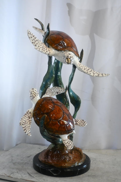 Two Sea Turtles Swimming on Kelp Bronze Sculpture 17"x18"x33"H