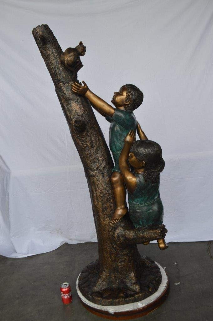 Children reaching up tree for a cat bronze statue -  Size: 24"L x 21"W x 64"H.