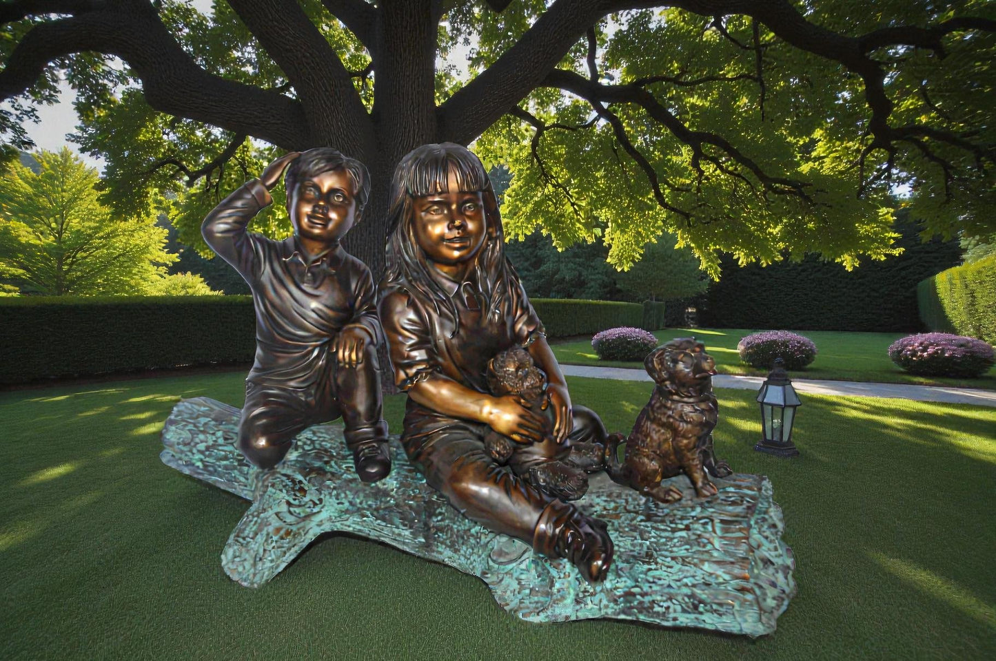 Young children and dog on a log bronze statue - Size: 40"L x 16"W x 24"H.