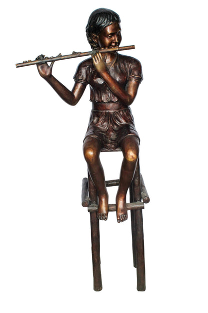 Young Girl Playing the Flute sitting on a Chair Bronze Statue 24" x 16" x 58"H