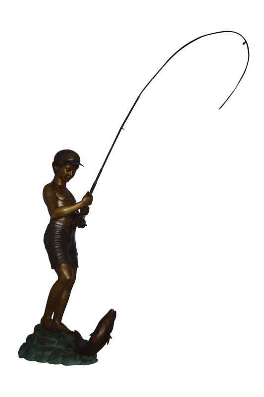 Standing Boy Fishing Fountain Bronze Statue -  Size: 58"L x 25"W x 72"H.