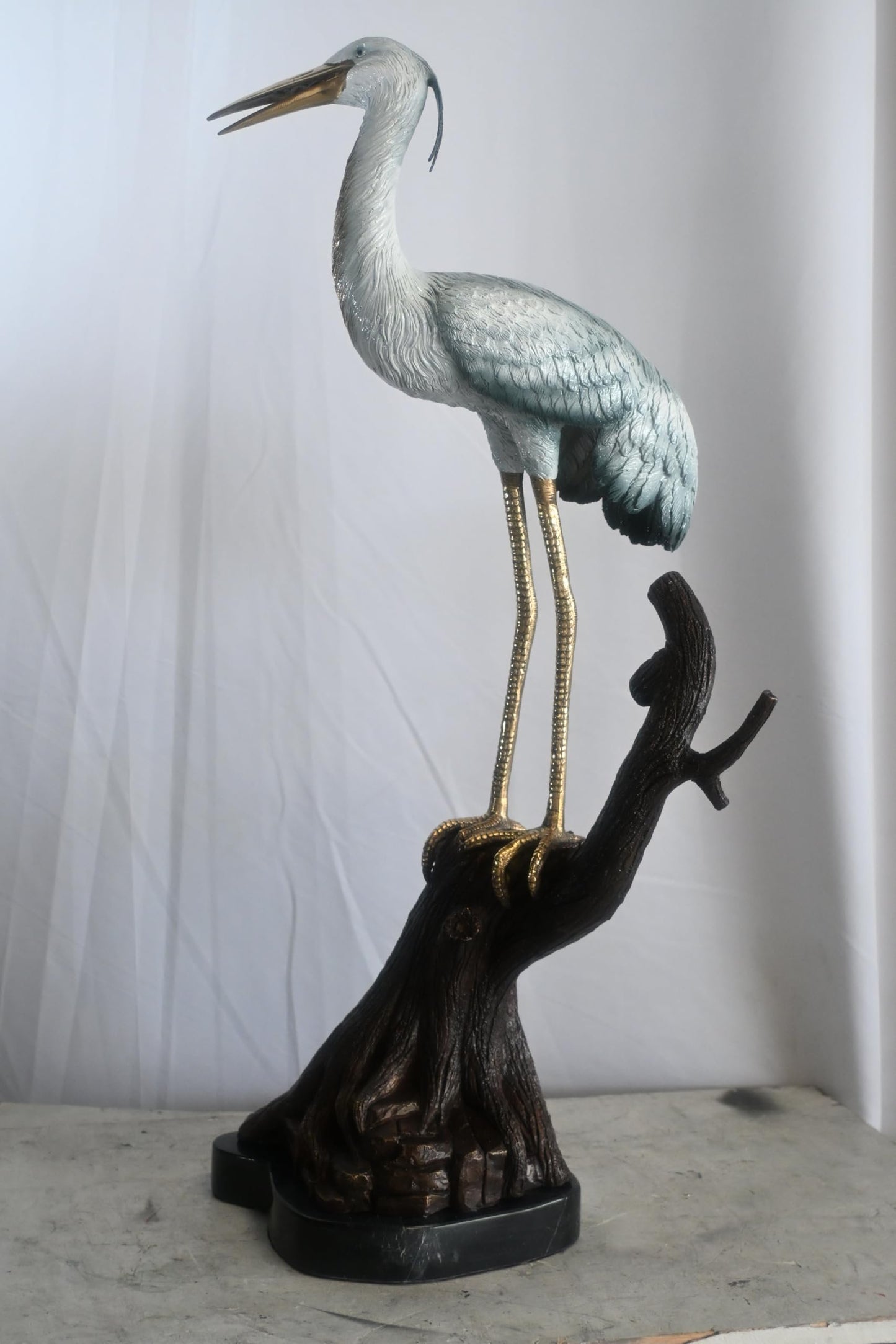 Bronze Heron Statue on Driftwood Marble Base Sculpture 17"x17"x37"H