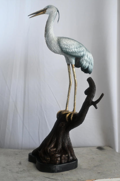 Bronze Heron Statue on Driftwood Marble Base Sculpture 17"x17"x37"H