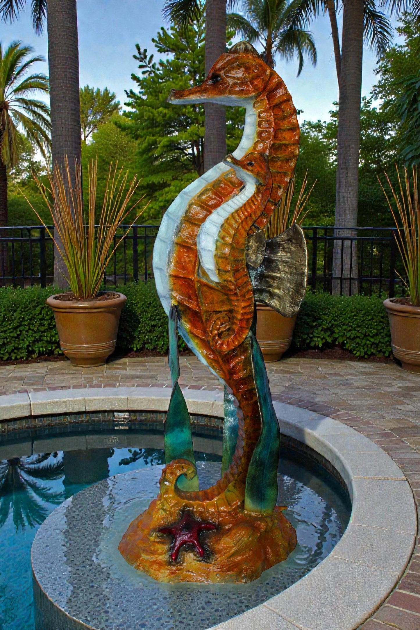 Large Bronze Seahorse and Baby Ocean Fountain Sculpture 26" x 22" x 66"H