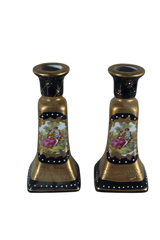 Porcelain Pair Candlestick Holders Black Gold Courting Scene 8"x4"x9"H