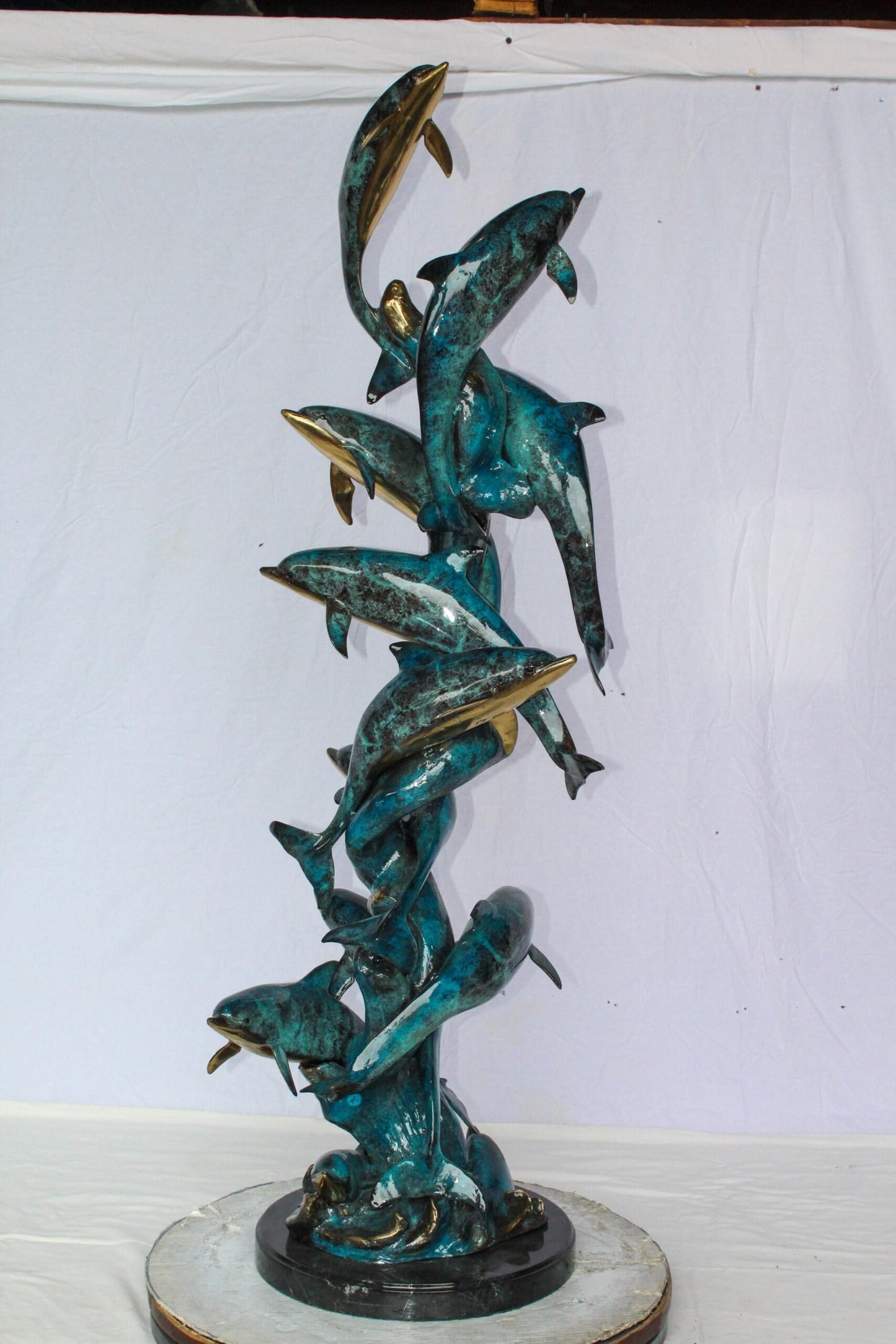 Nifao Dolphin Spiral Wave Bronze Statue – Majestic Coastal Sculpture with Handcrafted Detail for Home, Garden, or Patio Decor – 15" L x 17" W x 55" H
