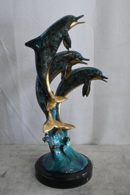 Bronze Dolphin Trio Sculpture Ocean Wave Statue 14"x11"x24"H