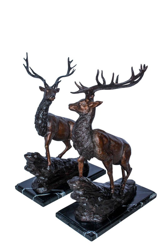 Bronze Pair of Deer Statues on Marble Base Lost Wax Method 15" x 10" x 21"H