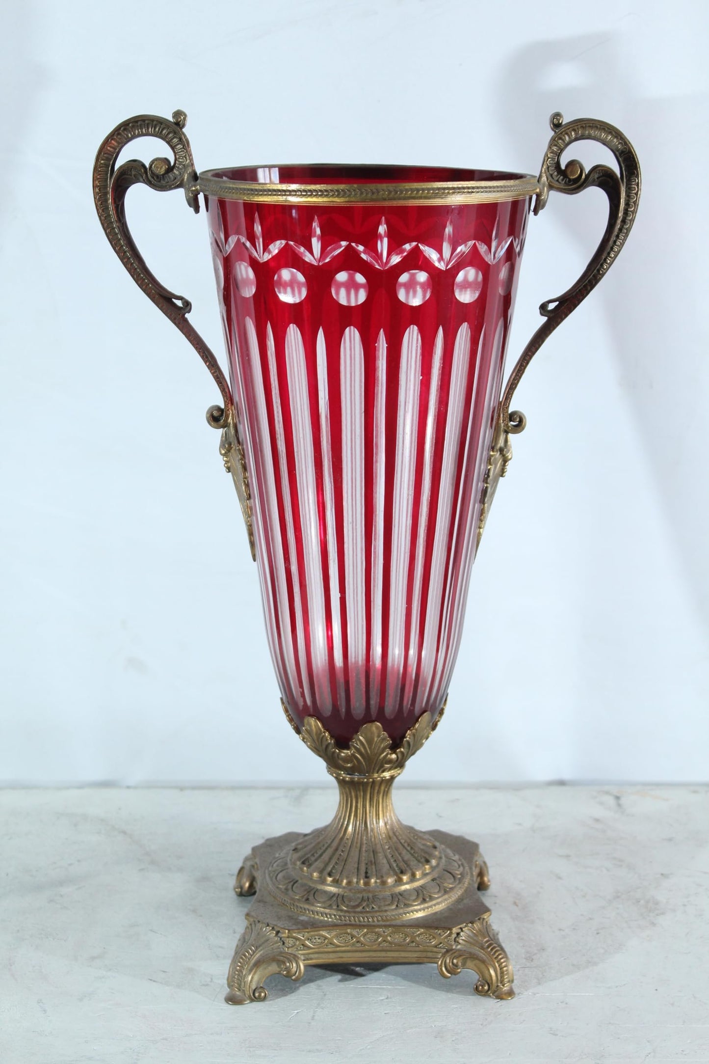 Glass vase with Metal Handles and Base red Vertical Style 13"x8"x21"H
