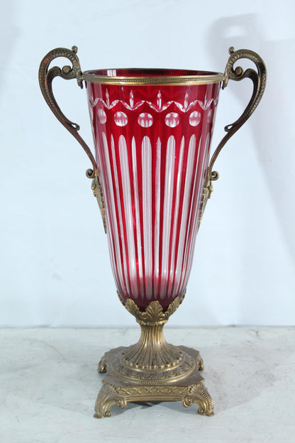 Glass vase with Metal Handles and Base red Vertical Style 13"x8"x21"H