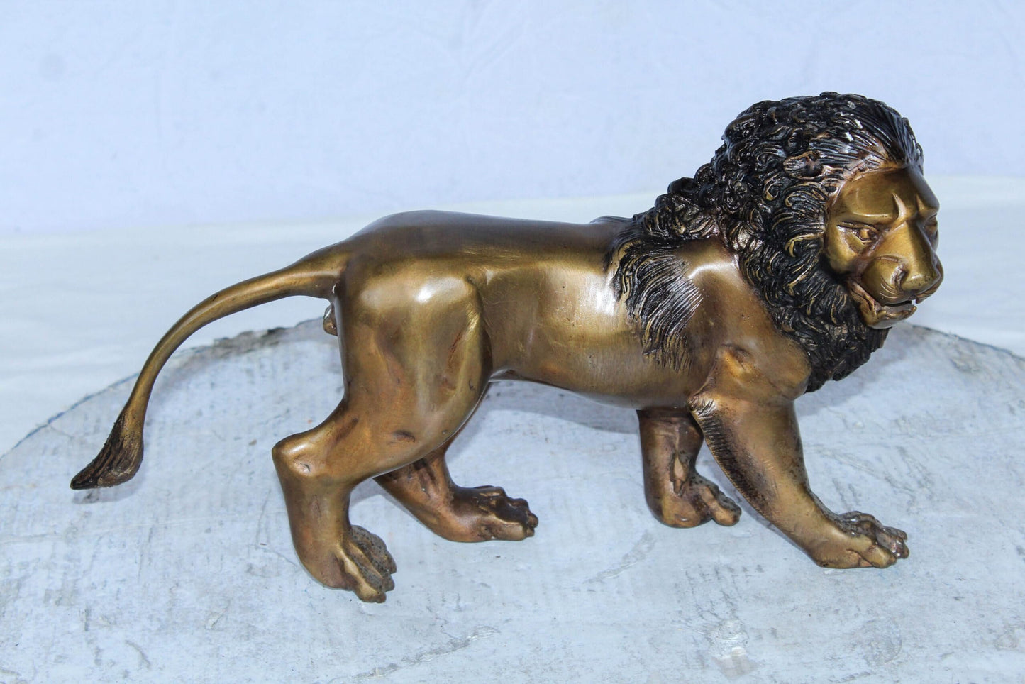 Small Bronze Lion Sculpture Walking Pose Animal Art 15" x 5" x 8"H