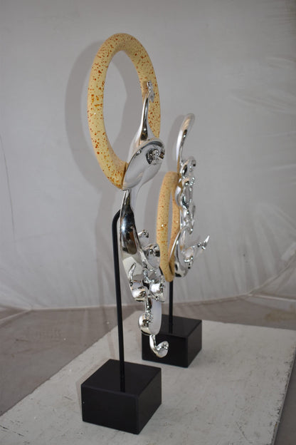 Set of Graceful Silver Finish Peacocks Resin Statue Size: 11" x 6" x 28"H