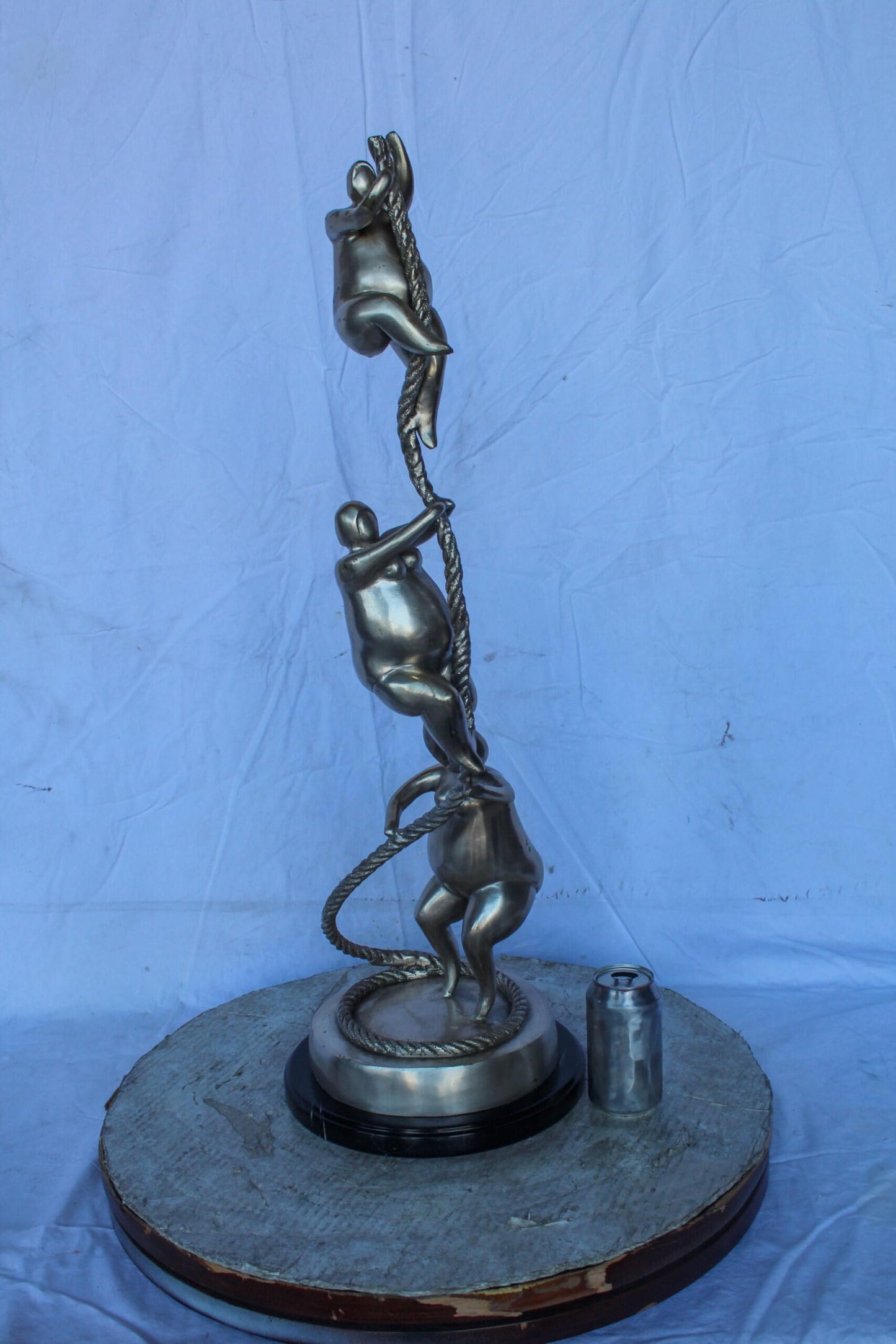 Three Voluptuous Women Climbing a Rope Statue, Silver Finish 12" x 12" x 32"H