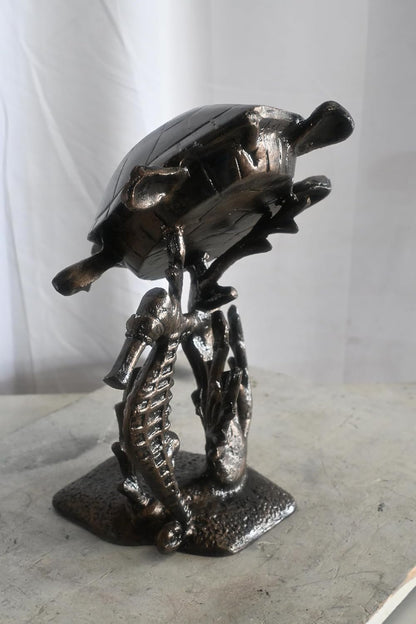 Sea Turtle and Seahorse Coastal Coral Tabletop Alumminum Sculpture 14"x14"x20"H