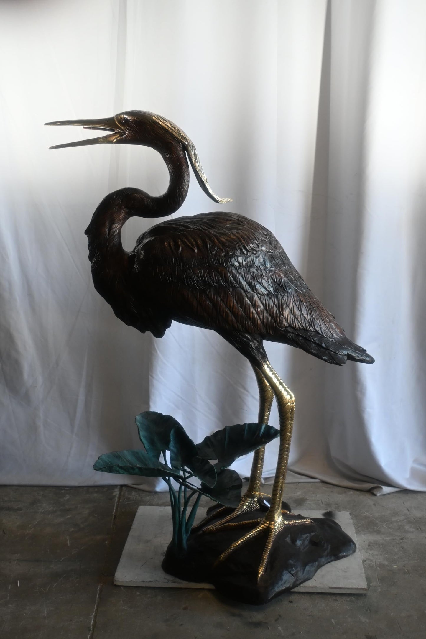 Large Bronze Heron Fountain Sculpture with Lily Pad Base 40"x29"x60"H