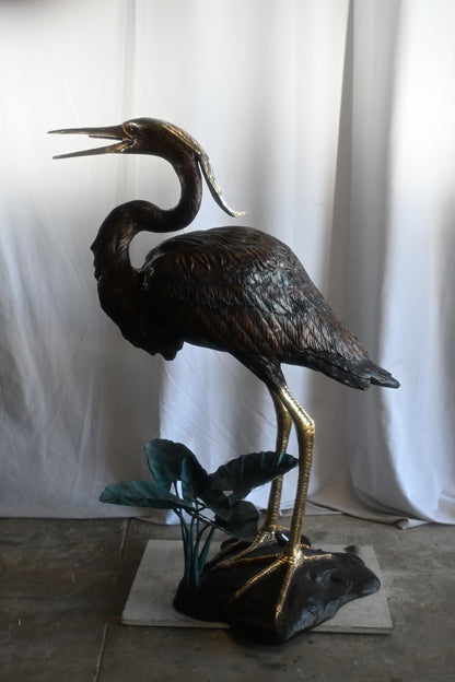 Large Bronze Heron Fountain Sculpture with Lily Pad Base 40"x29"x60"H