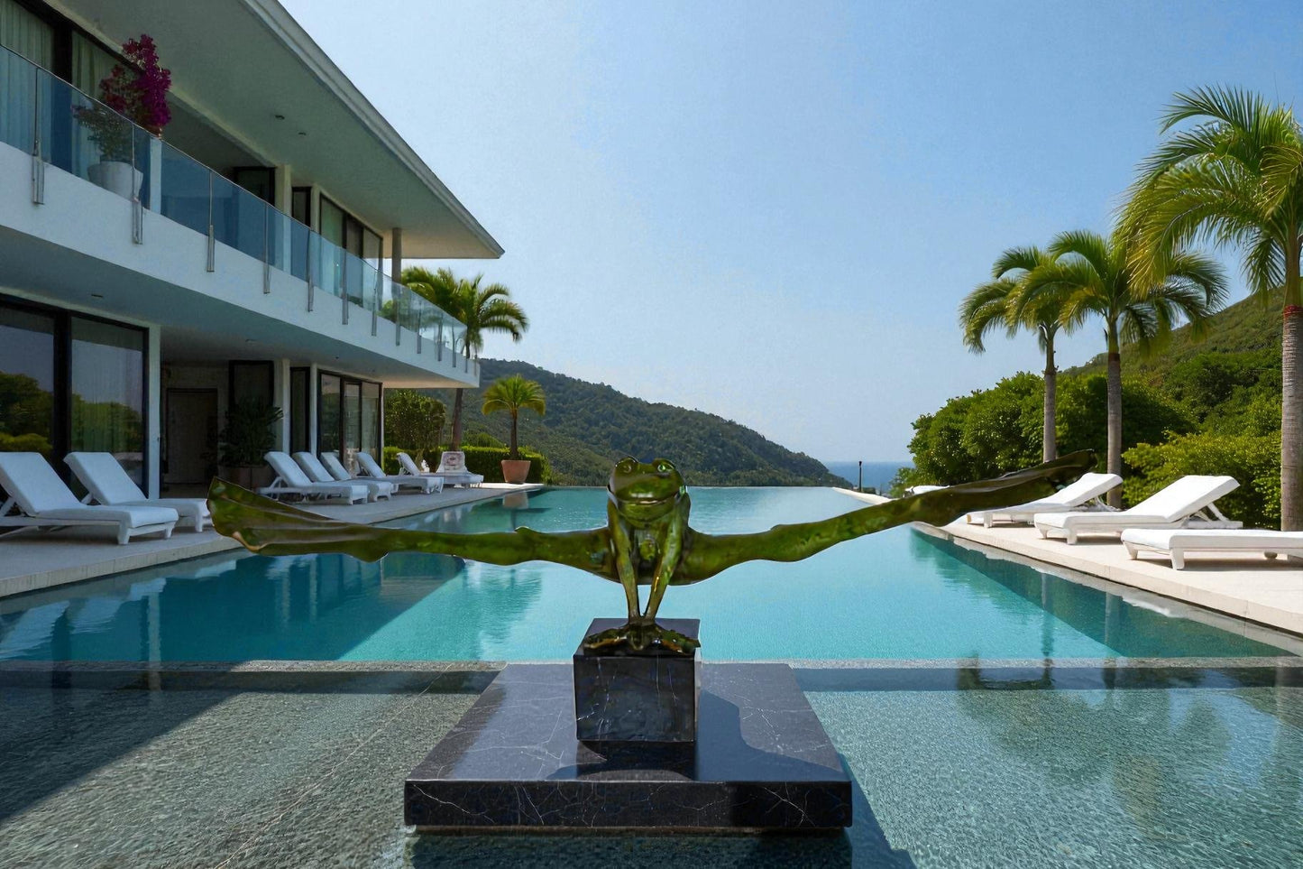 Acrobatic Frog Green Patina Bronze Statue Mounted on A Marble  43" x 26" x 20"H