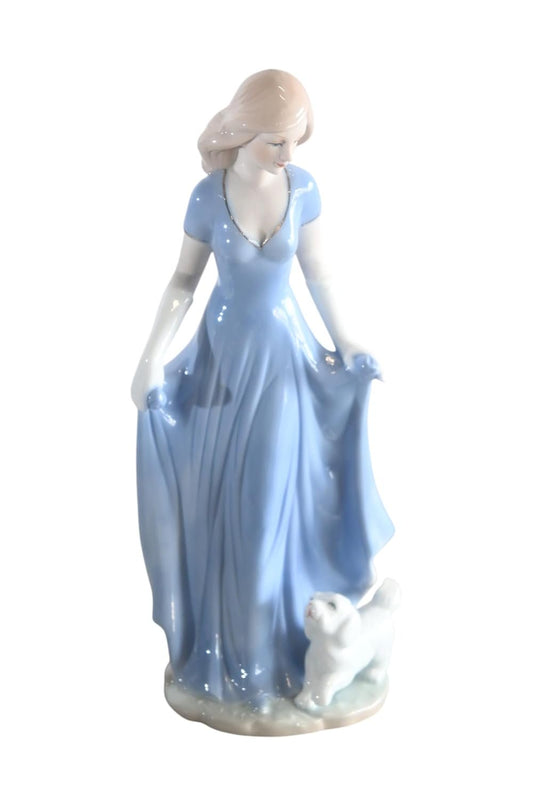 Porcelain Elegant Lady Blue Gown with White Puppy Statue 5"x4"x11"H