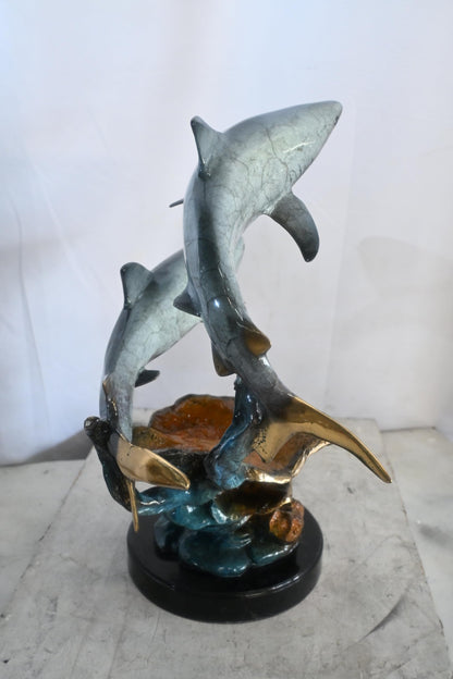 Two Sharks Bronze Sculpture Coral Reef Base 19"x11"x23"H
