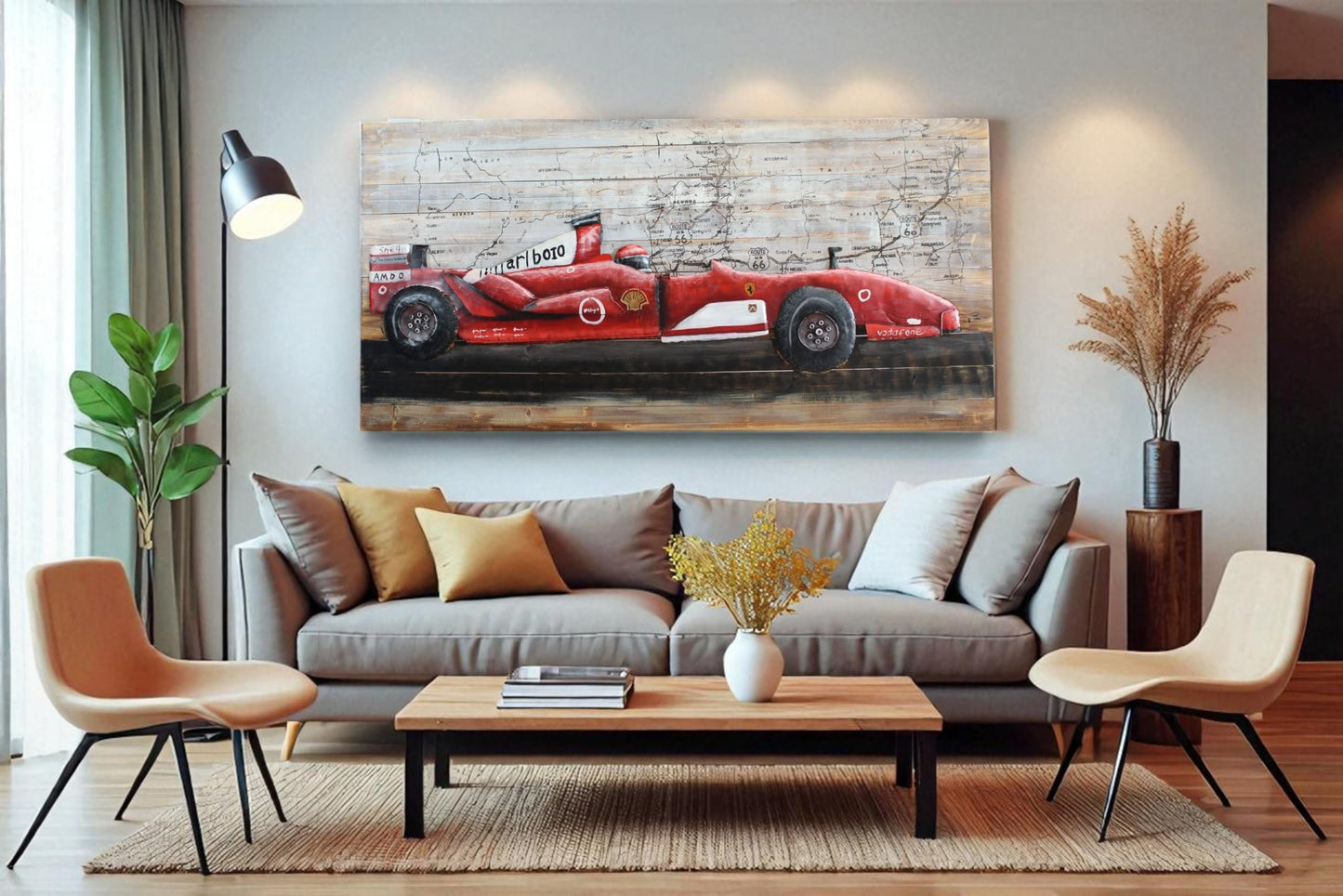 NIFAO Formula One Inspired Red Racing Car 3D Metal Art on Wood 79" x 2" x 40"H
