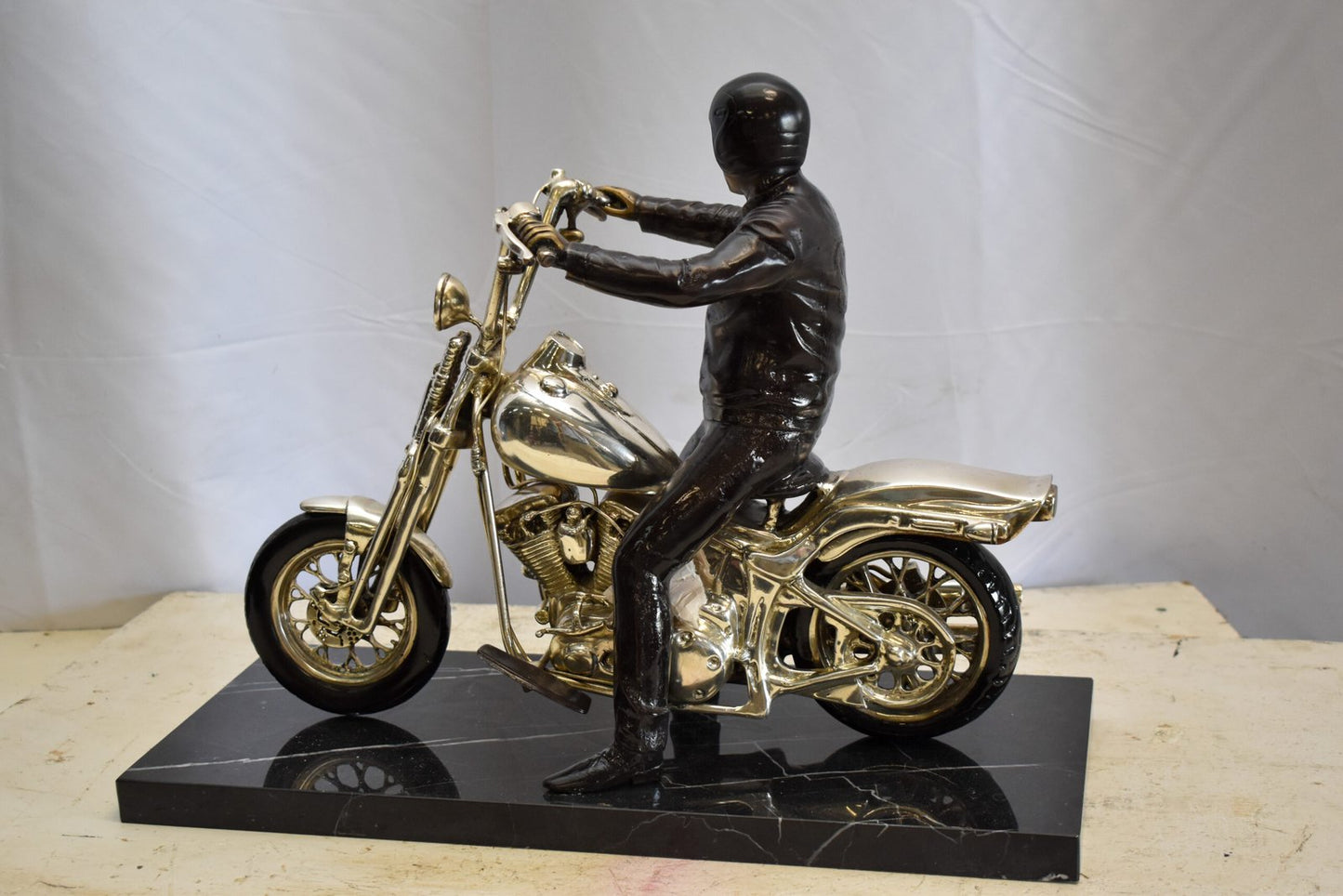 Harley Davidson Rider on his Bike Replica Bronze Statue 20" x 9" x 13"H