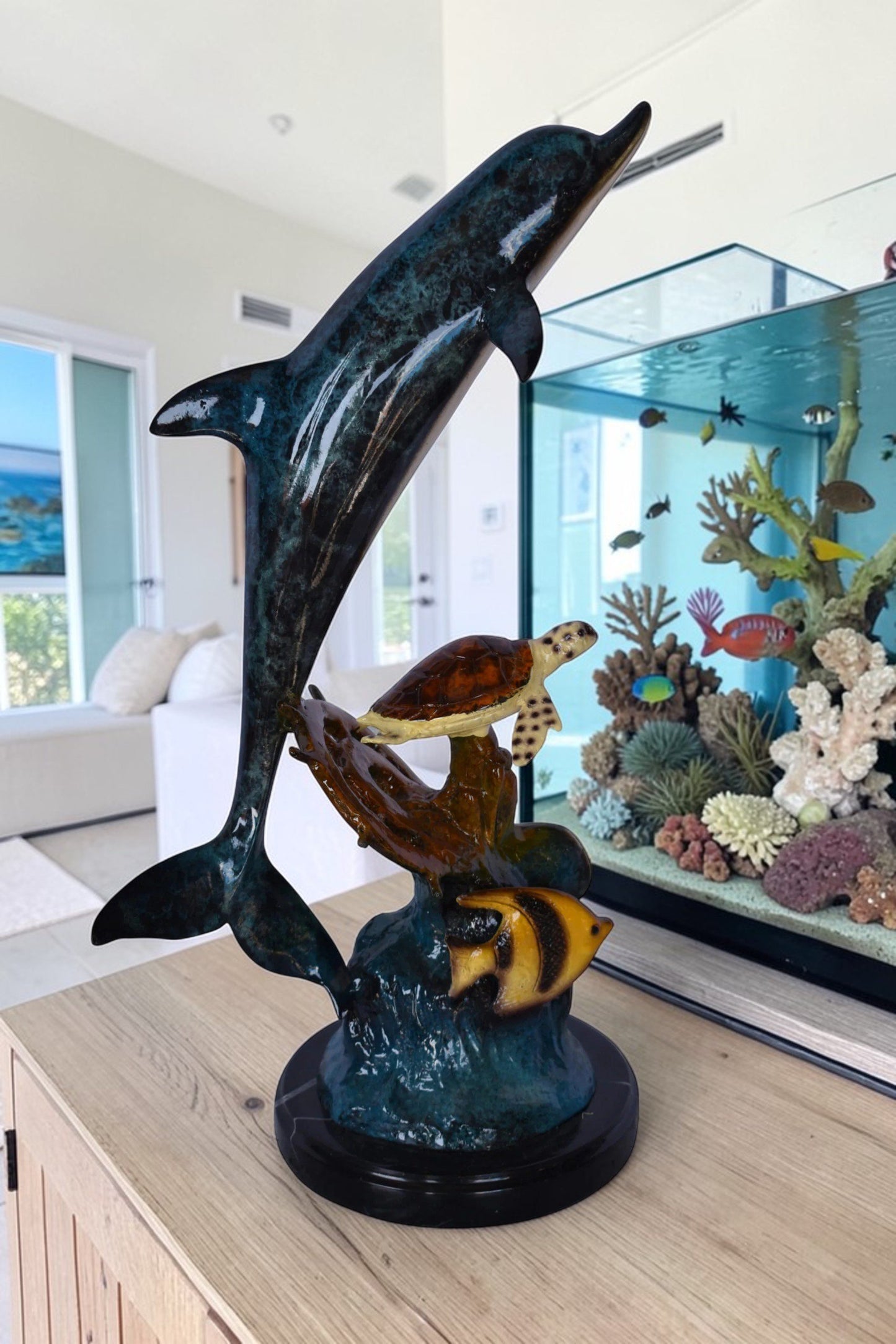 Nifao Dolphin, Turtle, Anchor & Fish Bronze Statue – Intricate Marine Wildlife Figurine on Marble Base for Home, Office, Garden, or Nautical Decor – Symbol of Sea Lore, Strength 6" L x 10" W x 19" H.