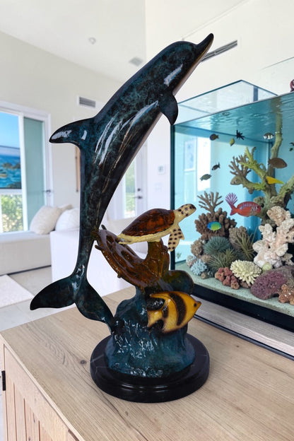 Nifao Dolphin, Turtle, Anchor & Fish Bronze Statue – Intricate Marine Wildlife Figurine on Marble Base for Home, Office, Garden, or Nautical Decor – Symbol of Sea Lore, Strength 6" L x 10" W x 19" H.