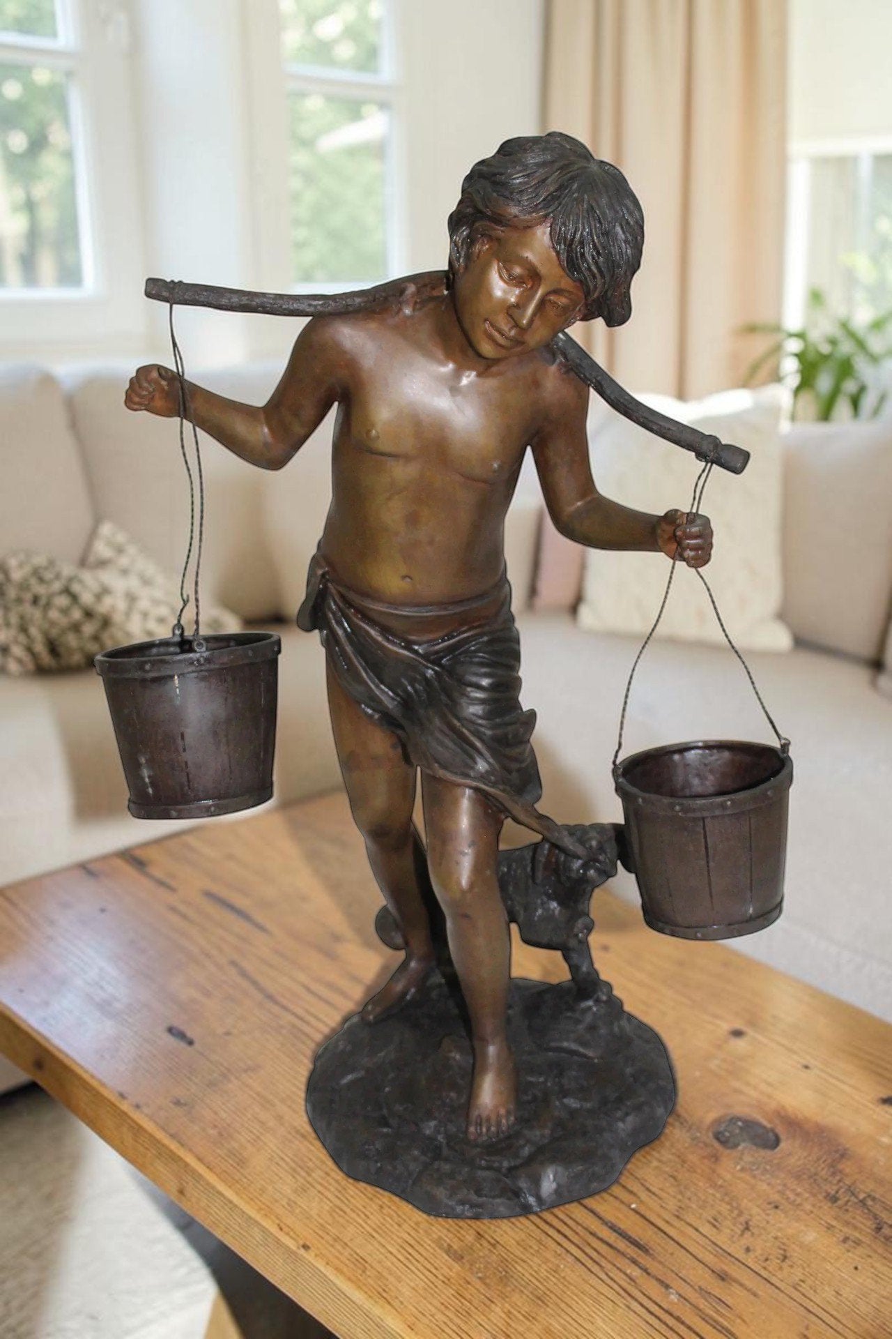 Boy with two buckets Bronze Statue -  Size: 14.5"L x 10"W x 23"H.
