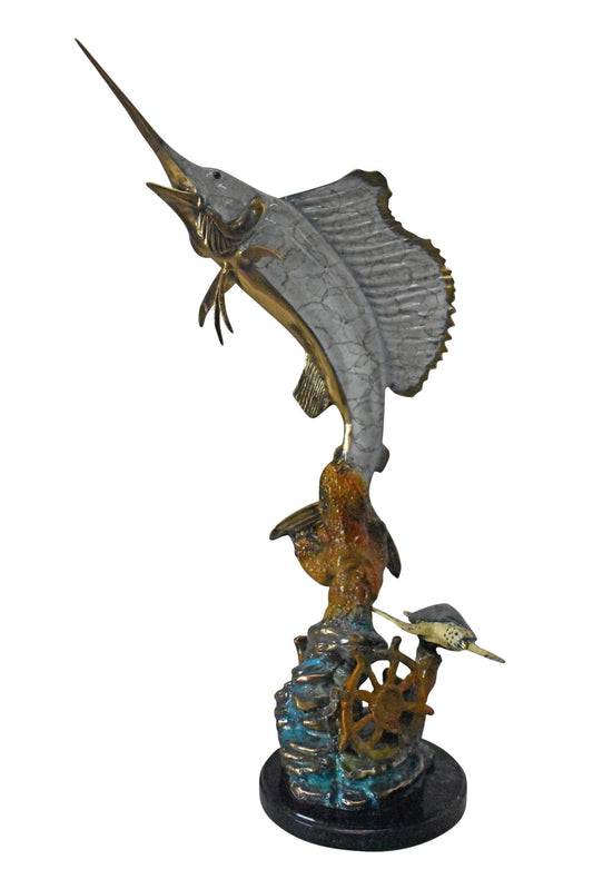 Nifao Sailfish and Turtle Bronze Statue on Marble Base – Lost Wax Marine Life Sculpture with Patina Finish - 12" L x 18" W x 31" H