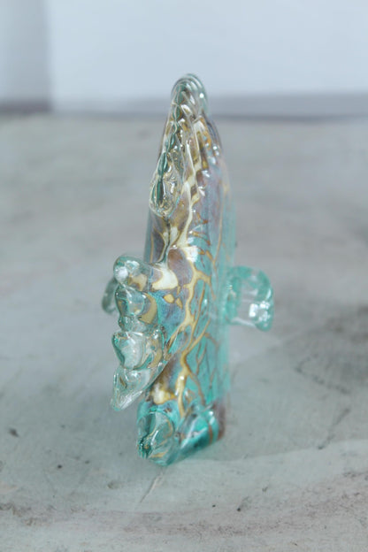 NIFAO Glass Reef Fish Figurine Teal Crackle Art Glass 8" x 3" x 6"H