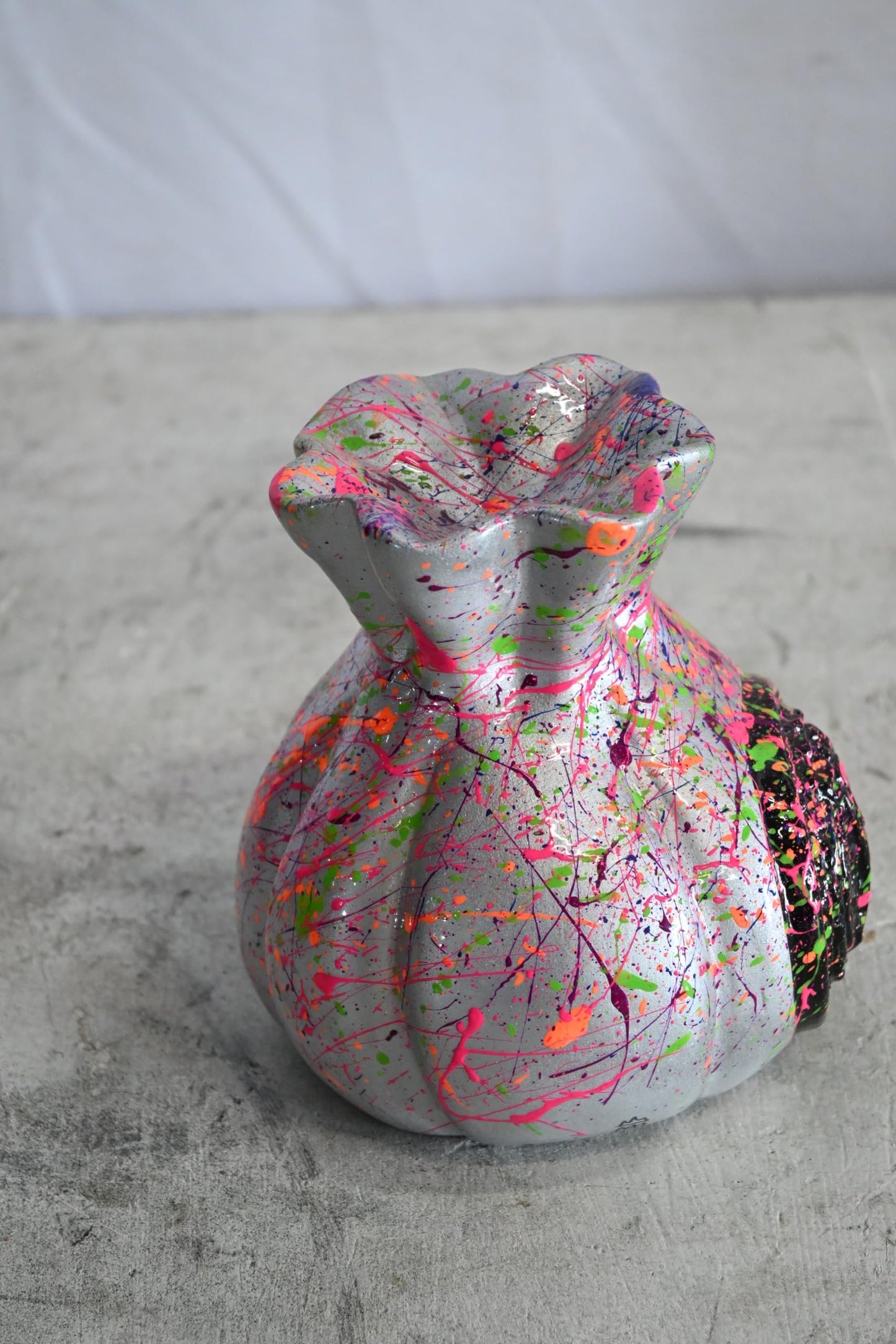 NIFAO Money Bag Vase Ceramic Sculpture Neon Splatter Andres Mendez 4"x5"x6"H