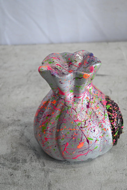 NIFAO Money Bag Vase Ceramic Sculpture Neon Splatter Andres Mendez 4"x5"x6"H