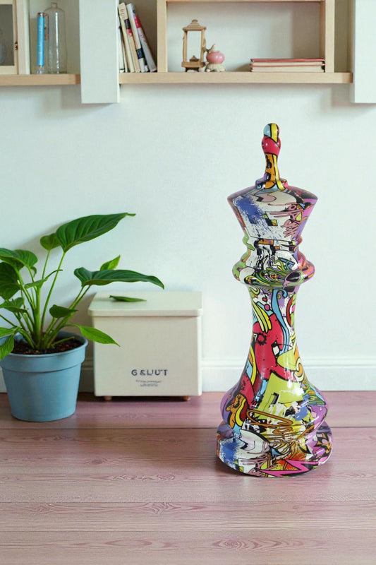 NIFAO Giant King Chess Piece Graffiti Art Sculpture Pop Art Resin Decor 6"x6"x19"H