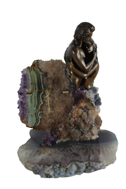 NIFAO Lovers Embrace Clock with Amethyst Geode Bronze by Vidal Spain 8"x7"x10"H