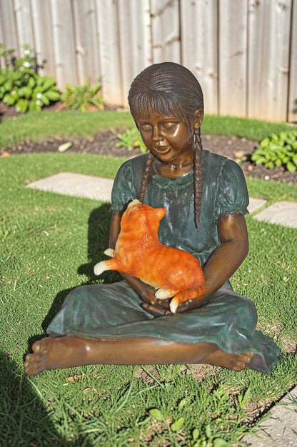 Girl Holding Her Cat Bronze Statue, Green, Orange Finish - Size: 23"x20"x24"H