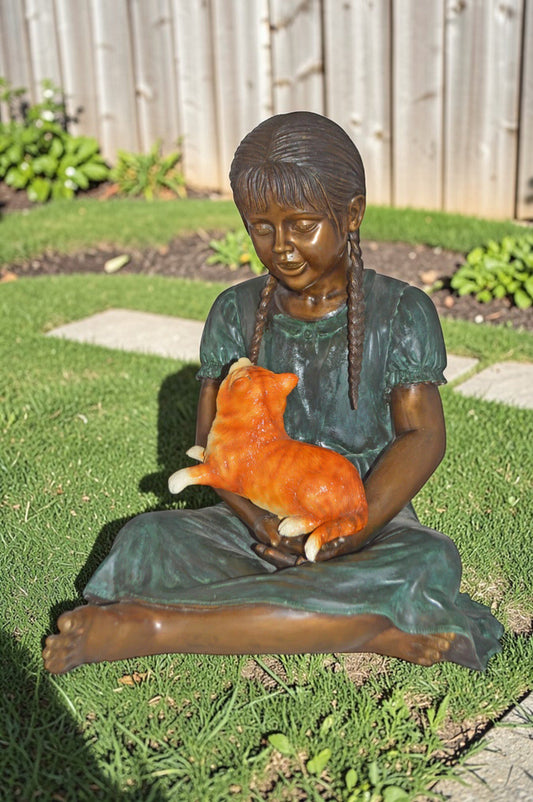Girl Holding Her Cat Bronze Statue, Green, Orange Finish - Size: 23"x20"x24"H