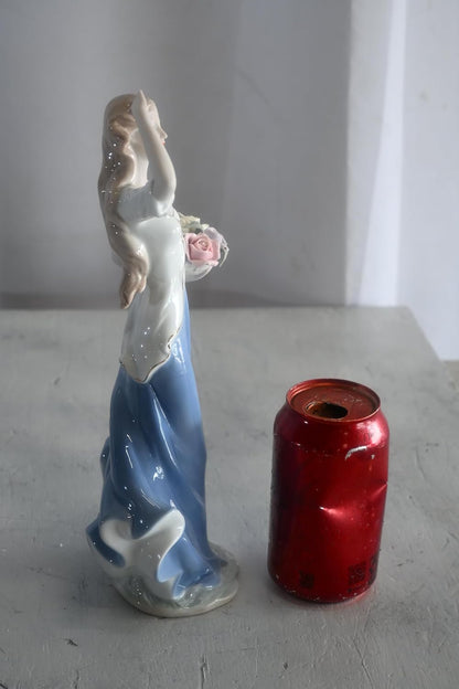 Porcelain Lady White Top Blue Skirt Holding Rose Bouquet 5"x4"x12"H