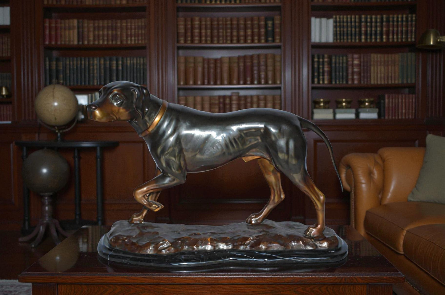Black Labrador Bronze Statue Mounted on A Marble - Size: 20"L x 8"W x 14"H.
